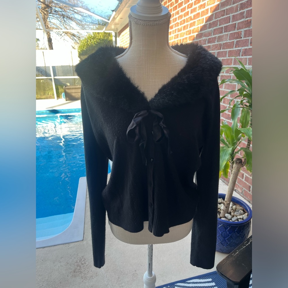 White Stag Black Button Up Cardigan with Fur Collar and Ribbon